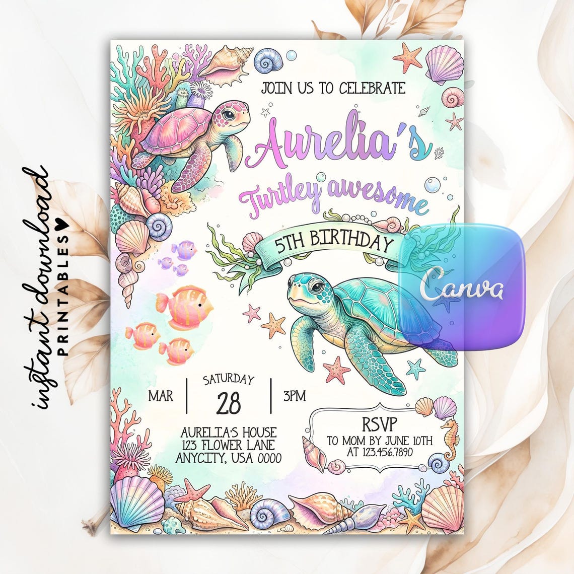 Editable Sea Turtle Birthday Invitation, Turtley Awesome Under the Sea ...