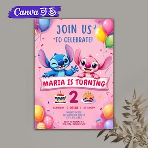 Editable Stitch and Angel Birthday Invitation, Stitch Invitation, Printable Kids Party Invite, Printable Digital Download Canva Template