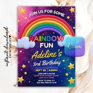 Regenbogen-Geburtstags-Einladung, Regenbogen von Spaß-Einladung, Regenbogen-Einladung, bunte Regenbogen-Party einladen, Mädchen-Regenbogen einladen, Canva einladen
