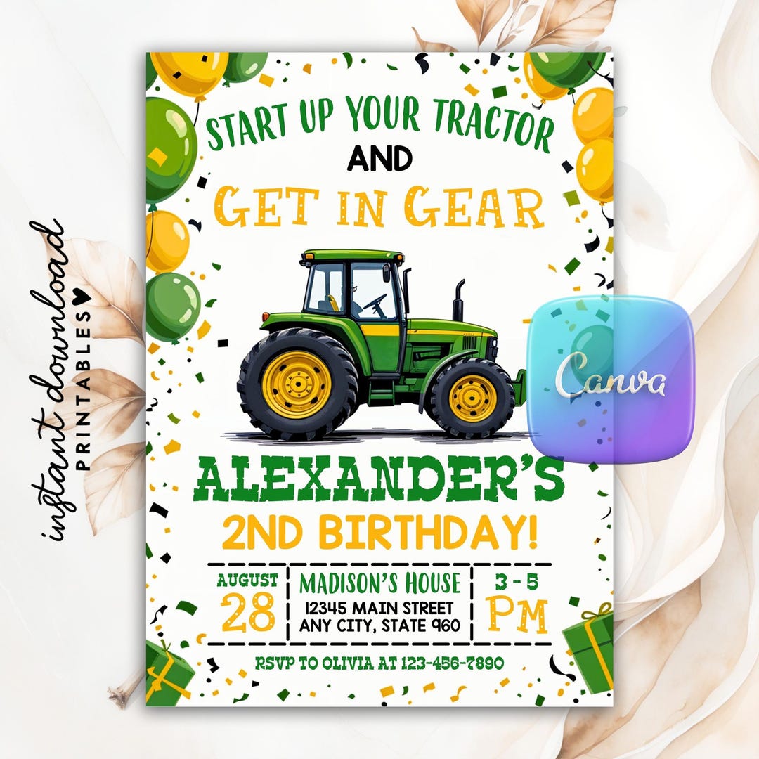 Editable Tractor Birthday Invitation, Green Tractor Ranch Party Invite ...
