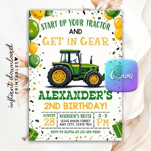 Bewerkbare tractorverjaardagsuitnodiging, groene tractor Ranch feestuitnodiging voor jongensmeisje Afdrukbare tractor Farm Kid verjaardag Evite Canva-sjabloon