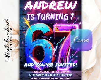 Neon Graffiti Six Seven Birthday Invitation, I was 6 now I'm Seven, 6 7 Meme Party Invite, 7th Birthday Party, Canva Template