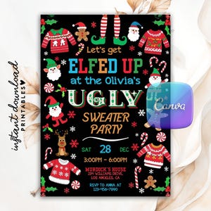 Peut inclure: Invitation noire pour une soirée « Ugly Sweater ». L'invitation présente un texte coloré et des graphiques festifs, notamment des pulls, des cannes en sucre et le Père Noël. Le texte se lit « Let's get ELFED UP at the Olivia's UGLY SWEATER PARTY ».