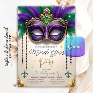 Mardi Gras Party Invitation, Mardi Gras Themed Invitation, Mardi Gras Invitation, Masquerade Ball Party Invite, Festive Carnival Fat Tuesday
