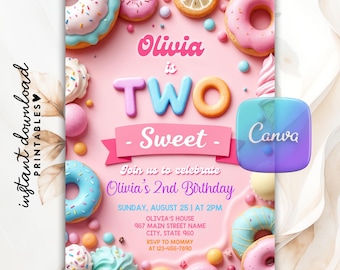 Two Sweet Birthday Invitation, Two Sweet Donut Invite, 2nd Birthday Girl Donut Invitation Blush Pink Two Year Dessert Invite, Pink Birthday