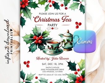 Christmas Tea Party Invitation, Floral Holiday Brunch (Editable, Digital Template)