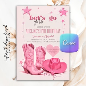 Let&#39;s Go Girls Birthday Invitation Template, Pink Cowgirl Birthday Party Invitation Template, Disco Rodeo Western Invite, Let&#39;s Go Girls