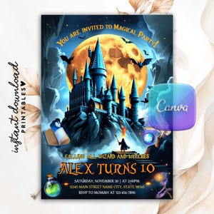 Magical Castle Birthday Invitation, Wizard, Witches Party (DIY Canva Template)
