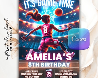 May include: A digital invitation for Amelia's 8th birthday, featuring a basketball theme. The design shows a girl in a pink uniform shooting a basketball. Text includes "It's Game Time" and party details.