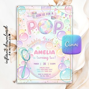 Pastell Bubble-Geburtstagseinladung, Pastell Pop-On Over Bubble-Geburtstagsfeier einladen, Bubble Pop, Bubbles Party einladen, bearbeitbare Canva-Vorlage