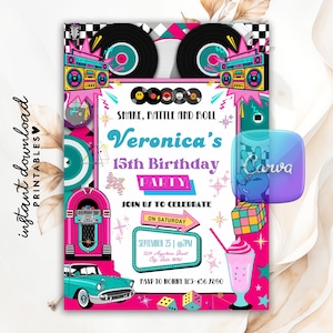 May include: A vibrant invitation design for a 15th birthday party, featuring a retro 1950s theme. The design includes a jukebox, classic car, vinyl records, and the text "Shake, Rattle and Roll". The invitation is in pink, teal, and yellow.