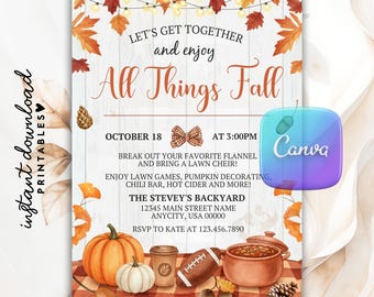 All Things Fall Party Invitation, Autumn Thanksgiving Invite (Digital Template)