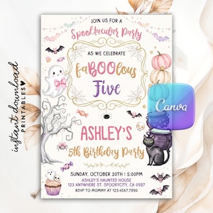 May include: A Halloween-themed birthday party invitation featuring a white background with pastel pumpkins, ghosts, a black cat, a cauldron, and bats. Text includes Join Us For A Spooktacular Party, faBOOlous Five, Ashley's 5th Birthday Party, and event details.