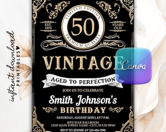 Aged to Perfection Birthday Invitation, Men Birthday, Vintage Birthday Party, Whiskey Invite, Whiskey Label Invitation, The Man The Legend
