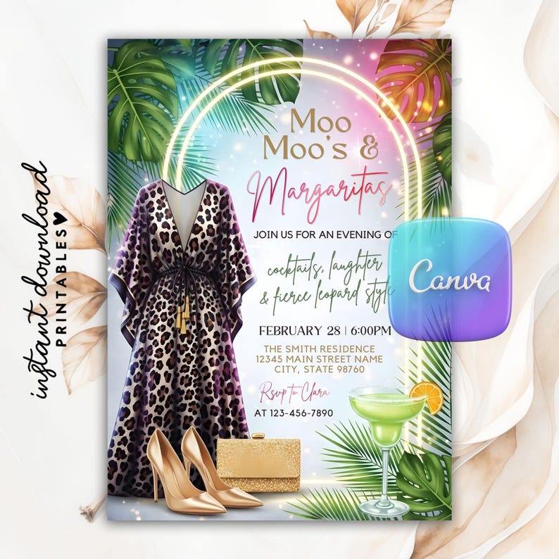 Moo Moos and Margaritas Invitation, Mumu & Margaritas Party Invitation, Leopard Pajama Girls Night Party Invite, Ladies Brunch Party, Editable Canva template, moo moos,
30th birthday invite,
pajama party invite,
margarita invite,
girls night decor,
tropical invite,
40 birthday,
50 birthday,
bachelorette party,
digital invitation,
leopard print,
invitation template,
digital invite, cheetah print,
margarita party,
glam party invite, girls day fun,
girls night ideas, brunch invitation,
girls night