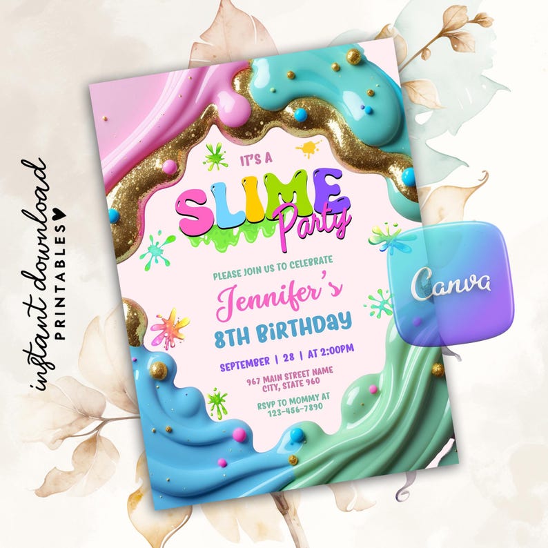 Slime Rant Layout Template Editable Slime Birthday Invitation, Slime Time Party Invite, Slime ...
