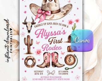Invitación al primer rodeo de vaquera, cumpleaños rosa del oeste (plantilla de Canva)