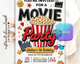 Movie Birthday Invitation Template, Boy or Girl Movie Theater Birthday Party, Watch Movie Party, Cinema Birthday Invite, Digital Evite Canva