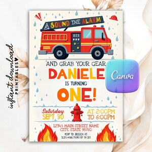 Editable Firetruck Birthday Invitation, Boy First 1st Fire Engine Firefighter Party Invite, Printable Fireman Invitation Canva Template