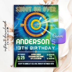 Puede incluir: Una invitación digital con un diseño de diana, con el texto "SHOOT ON OVER" y "ANDERSON'S 13TH BIRTHDAY". El diseño incluye una flecha, una fecha, una hora e información de RSVP. El logotipo de Canva es visible.