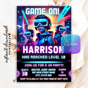 May include: A vibrant invitation for a VR party, featuring three figures wearing VR headsets against a futuristic cityscape. The text reads "GAME ON!" and "HARRISON HAS REACHED LEVEL 10." Includes party details.