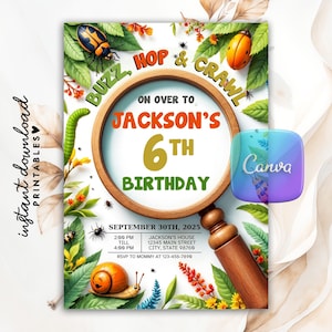 Editable Insect Bugs Birthday Invitation, Buzz, Hop and Crawl, Nature Theme Outdoor Birthday Party Invite, Printable Canva Template, Evite