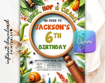 Invitación de cumpleaños editable con insectos, zumbidos, saltos y gateos, invitación a fiesta de cumpleaños al aire libre con temática de naturaleza, plantilla de Canva imprimible, Evite