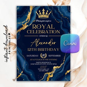 Editable Royal Birthday Party Invitation, Any Age King Prince Royal Celebration Blue and Gold Glitter Glam Agate Printable Canva Template