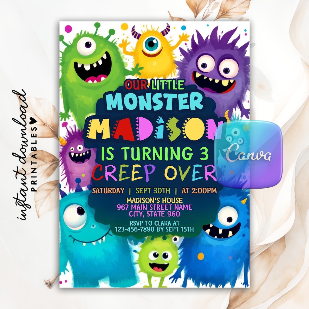 Editable Our Little Monster Birthday Invitation Template, Monster Boy ...