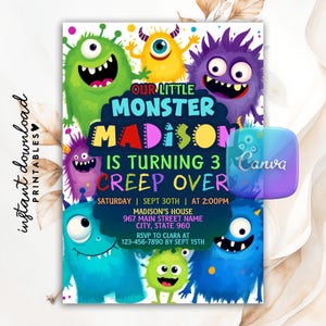 Bearbeitbar Unsere kleinen Monster Geburtstagseinladungsvorlage, Monster Boy Geburtstagsfeier einladen, druckbare digitale Download Canva Vorlage Evite