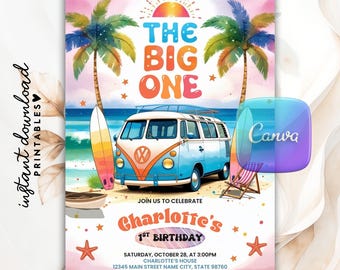 May include: A colorful birthday invitation with a beach theme. The design features a blue and orange vintage van, palm trees, a surfboard, and the text "THE BIG ONE". The invitation includes details for Charlotte's 1st birthday.