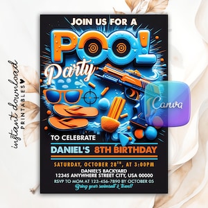 Redigerbar inbjudan till poolparty, födelsedagsinbjudan till vattenpistol, inbjudan till poolparty, inbjudan till poolparty med dartpistol, Canva-mall