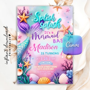 Editable Mermaid Tail Birthday Invitation Girl, Mermaid Bash Under the Sea Birthday Invite, Mermaid Party Invite, Mermaid Invitation, Canva