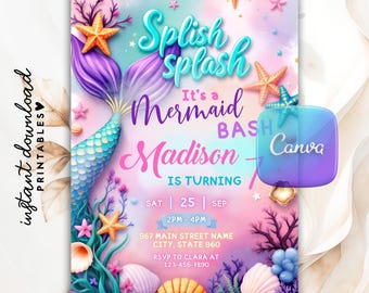 Editable Mermaid Tail Birthday Invitation Girl, Mermaid Bash Under the Sea Birthday Invite, Mermaid Party Invite, Mermaid Invitation, Canva