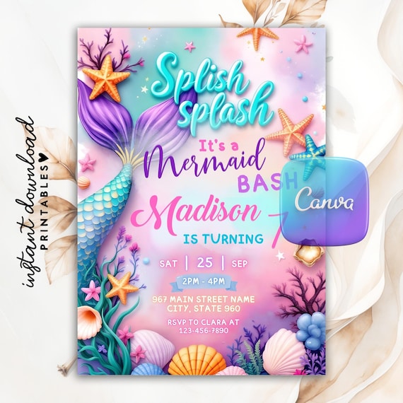 Editable Mermaid Tail Birthday Invitation Girl, Mermaid Bash Under the Sea Birthday Invite, Mermaid Party Invite, Mermaid Invitation, Canva
