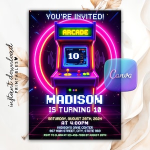 Arcade Birthday Invitation Template, Editable Arcade Invitation, Neon Glow Arcade Party Invite, Printable Video Game Birthday Template Canva