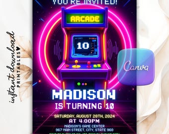 Plantilla de invitación de cumpleaños de arcade, invitación editable de arcade, invitación para fiesta de arcade con brillo neón, plantilla imprimible de cumpleaños de videojuego (Canva)