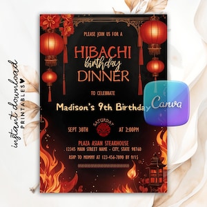 Editable Hibachi Dinner Birthday Invitation, Hibachi Party Invite, Hibachi Invitation, Japanese Asian Themed Birthday, Canva Template, Evite