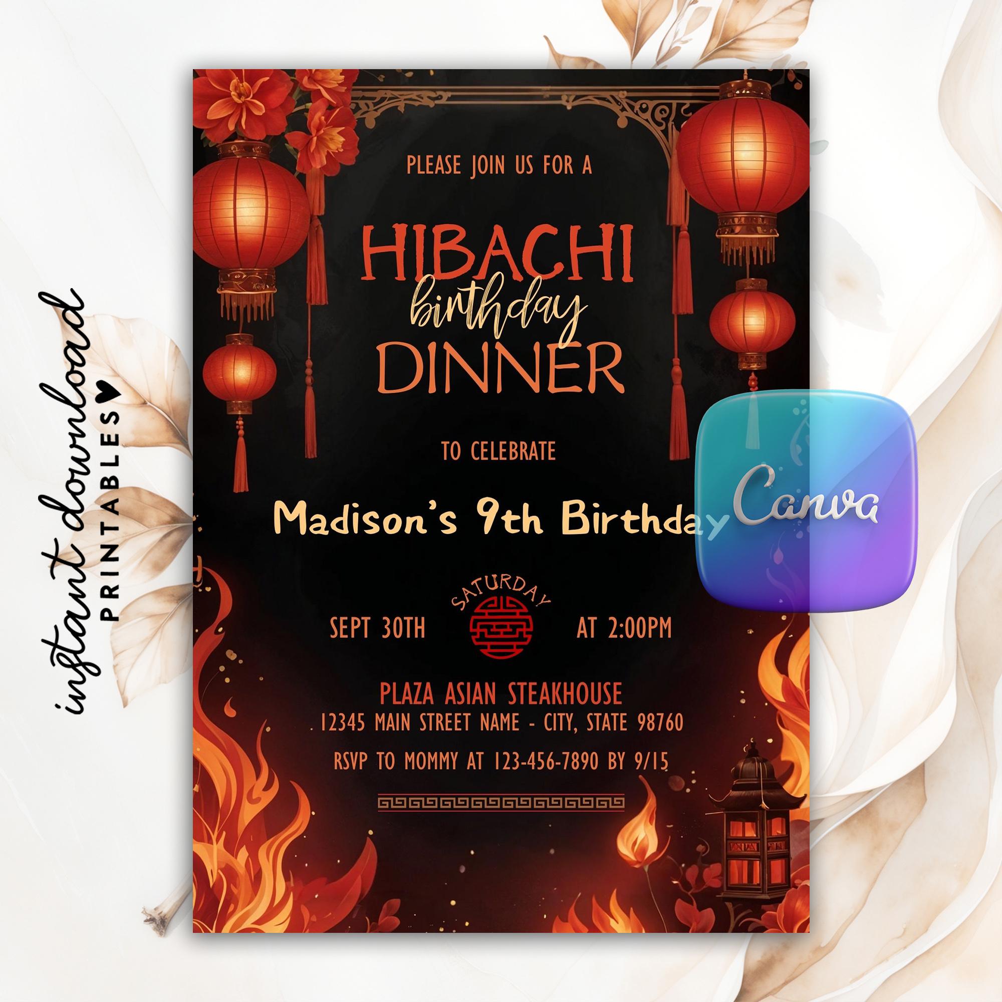 Editable Hibachi Dinner Birthday Invitation, Hibachi Party Invite, Hibachi Invitation, Japanese Asian Themed Birthday, Canva Template, Evite