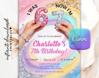 I Was 6 Now I'm 7 Birthday Invitation, 67 Meme Theme Party, Glittery Six Seven Party Invite, 6-7 Girl Birthday, Editable Canva Template