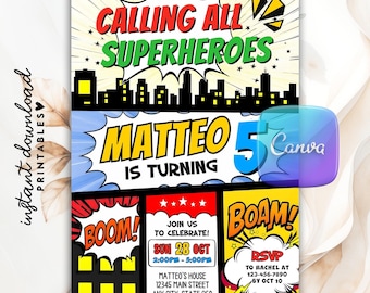 Editable Comic Book Birthday Invitation, Printable Comic Superhero Birthday Party Invite, Calling All Superheroes, Printable Evite Template