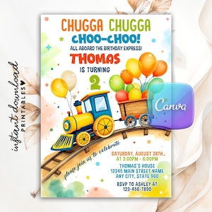 May include: A vibrant birthday invitation with a train motif. The design showcases a blue and yellow train, balloons, and the text "CHUGGA CHUGGA CHOO-CHOO!" and "Thomas is turning 2". Includes event details and RSVP information.