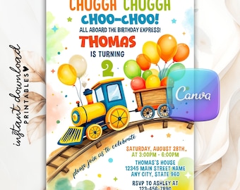 Modello modificabile per invito di compleanno a tema treno, invito per festa a tema treno Chugga Chugga Choo Choo per qualsiasi età, modello di invito stampabile fai da te su Canva