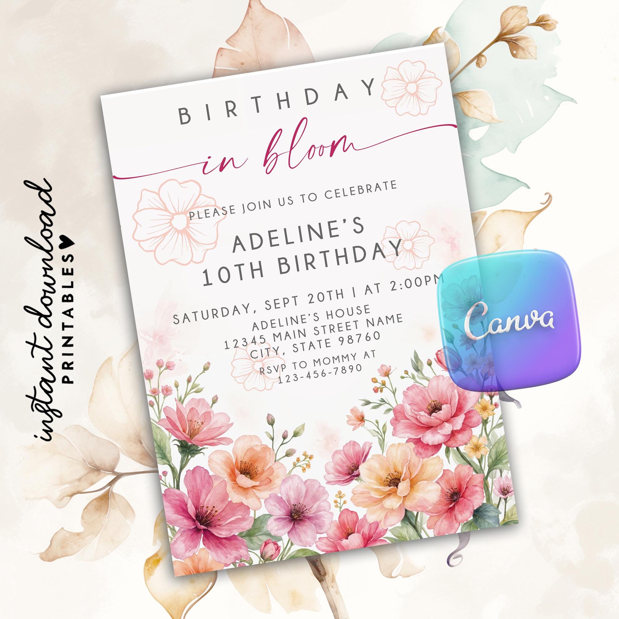 Editable Flower Bloom Invitation, Wildflower Birthday Invitation ...
