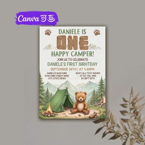 One Happy Camper First Birthday Invitation Template, Editable Camper Party 1st Birthday Invite, Camping Birthday Invite Camping Bear S'more