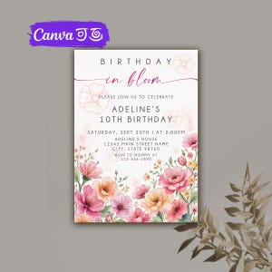 Editable Flower Bloom Invitation, Wildflower Birthday Invitation, Flower Stems, Boho Wildflower Party Printable Invitation Canva Template