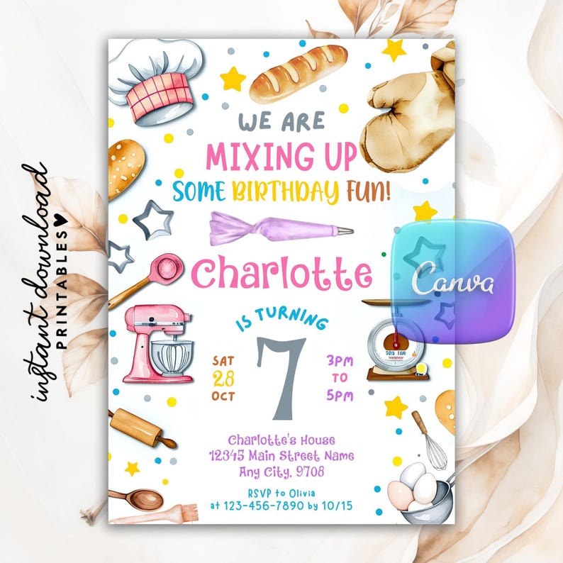 Baking Birthday Party Invitation, Editable Canva Template (digital ...