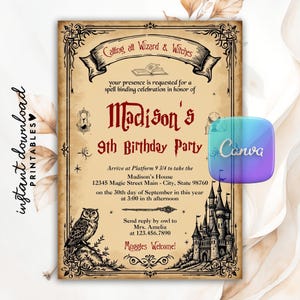 Invitation modifiable de sorcier de hibou, invitation de fête d&#39;anniversaire de sorcier magique, anniversaire de sorcier de sorcier, modèle de toile d&#39;invitation d&#39;anniversaire magique bricolage