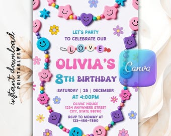 Invitación de cumpleaños editable con pulsera de la amistad, invitación para hacer pulseras de cuentas de la época del cumpleaños de una niña, invitación de Canva