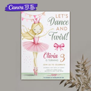 Editable Modern Ballerina Birthday Invitation, Ballet Dancer Girl Birthday, Tutu Ballerina Dress, Ballet Theme Birthday Party Invite, Canva
